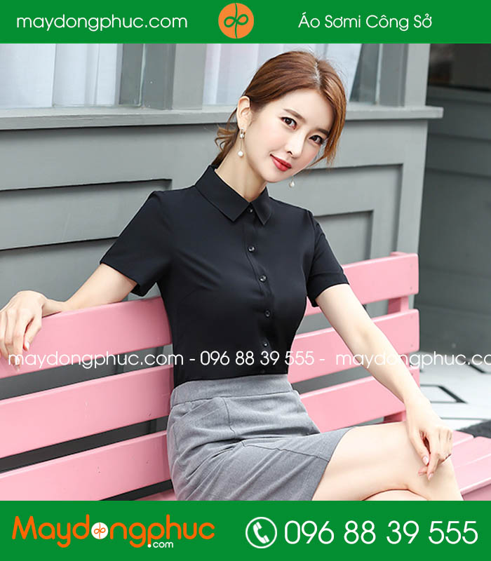 Đồng phục áo sơ mi màu đen cộc tay chân váy màu ghi